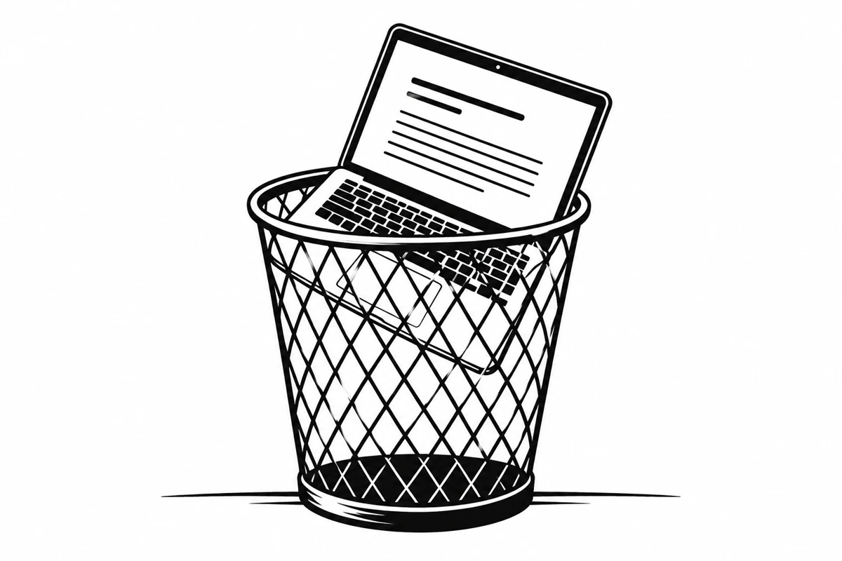 Black-and-white illustration of a laptop discarded in a wastebasket.