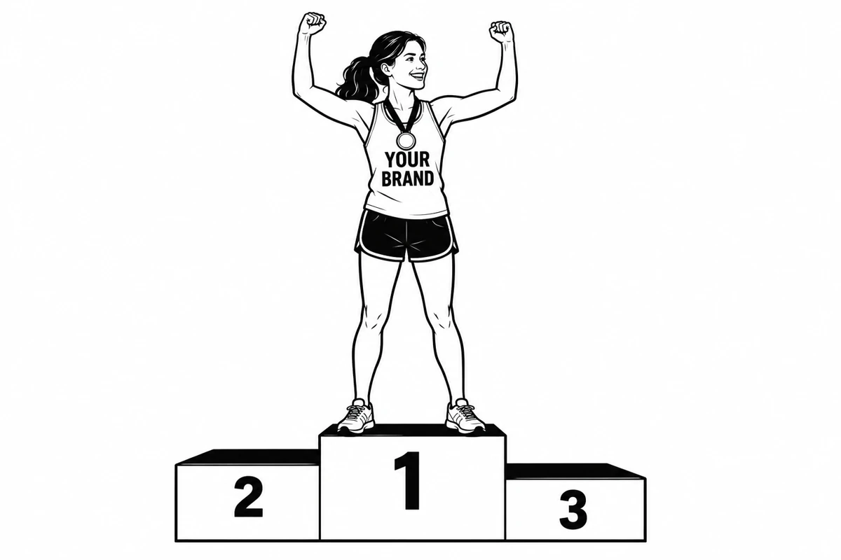 A medal-winning runner wearing YOUR BRAND on the first-place podium.