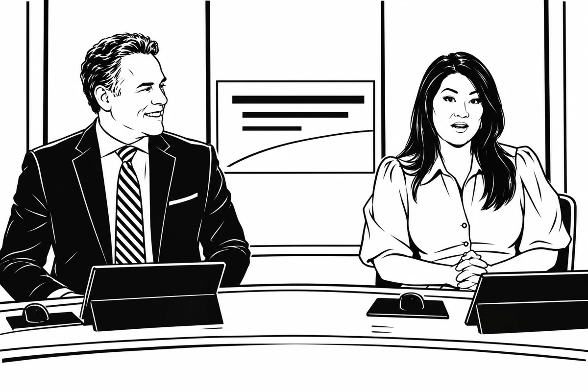 Ink illustration of television news anchors at a studio desk.