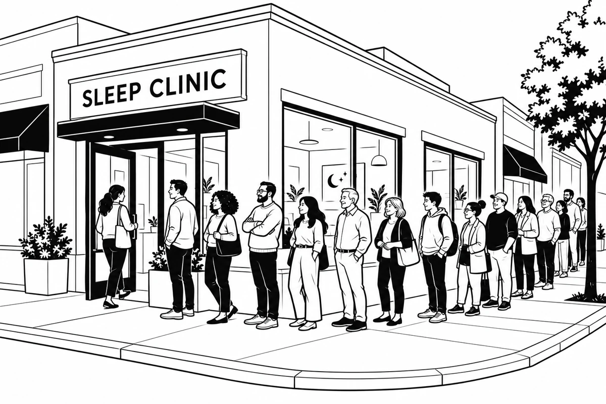 Conceptual illustration of patients lining up outside a sleep clinic.